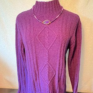 Long sleeve, mock turtle-neck, cable knit sweater top in royal purple color